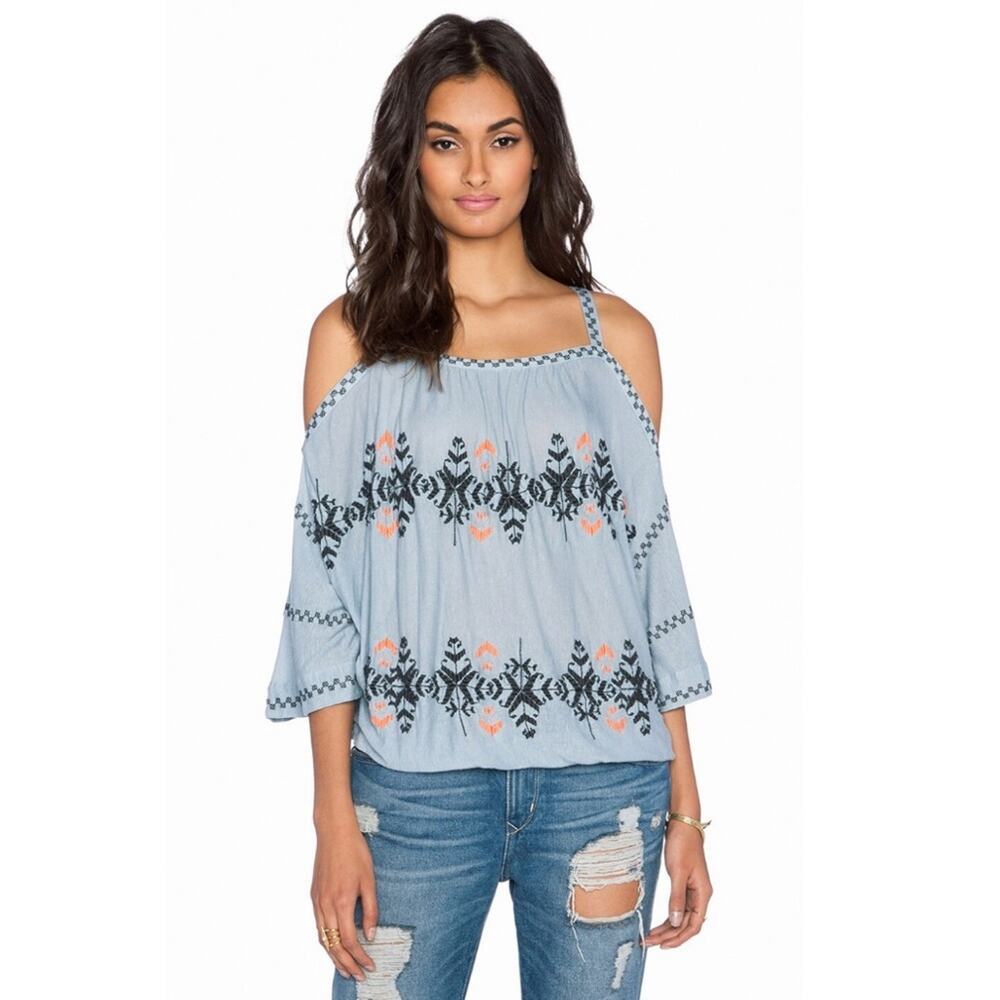 Free People New World Jersey blue cold shoulder embroidered peasant top